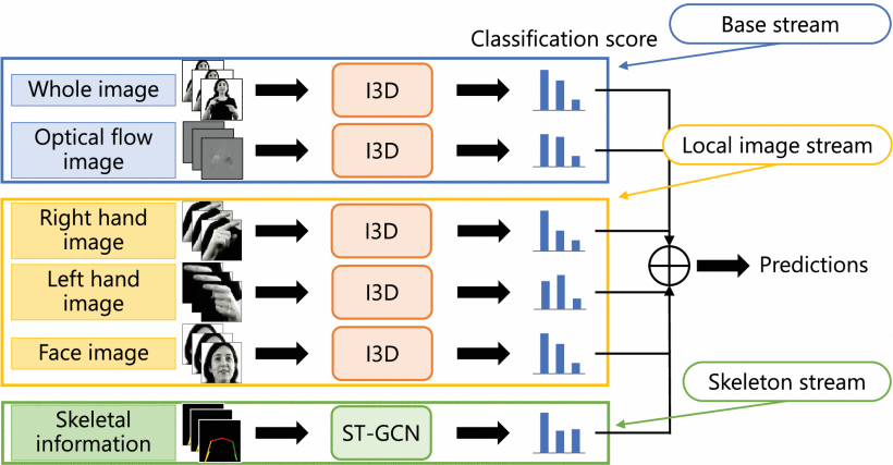 Overview of the proposed method. The proposed multi-stream neural network (MSNN) consists of three streams: 1) a base stream, 2) local image stream, and 3) skeleton stream. Each stream is trained separately, and the recognition scores extracted from each stream are averaged to obtain the final recognition result.